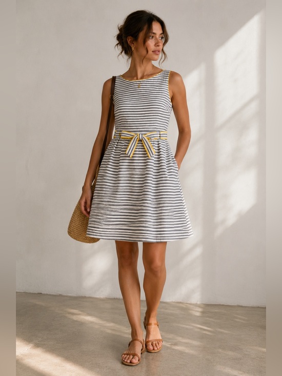 Dresses & Skirts - Jessica Howard Dress Size 14 Gray Striped Fit & Flare Lined Bow Detail